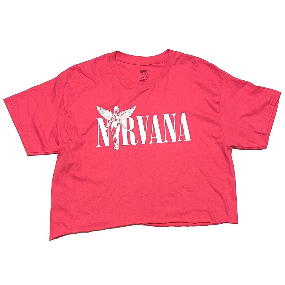 Nirvana Cropped Top Pink T-shirt Tee Size L Logo Grunge 90’s Band Tee Chop Belly